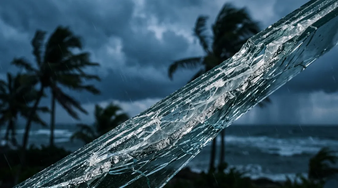 Close-up of laminated impact glass with a storm sky behind