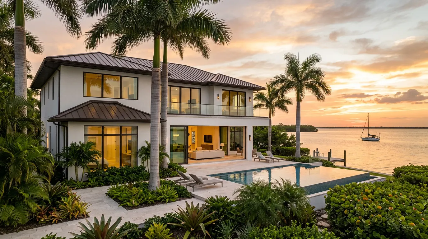 Southwest Florida waterfront home with floor-to-ceiling impact windows and sliding doors at sunset