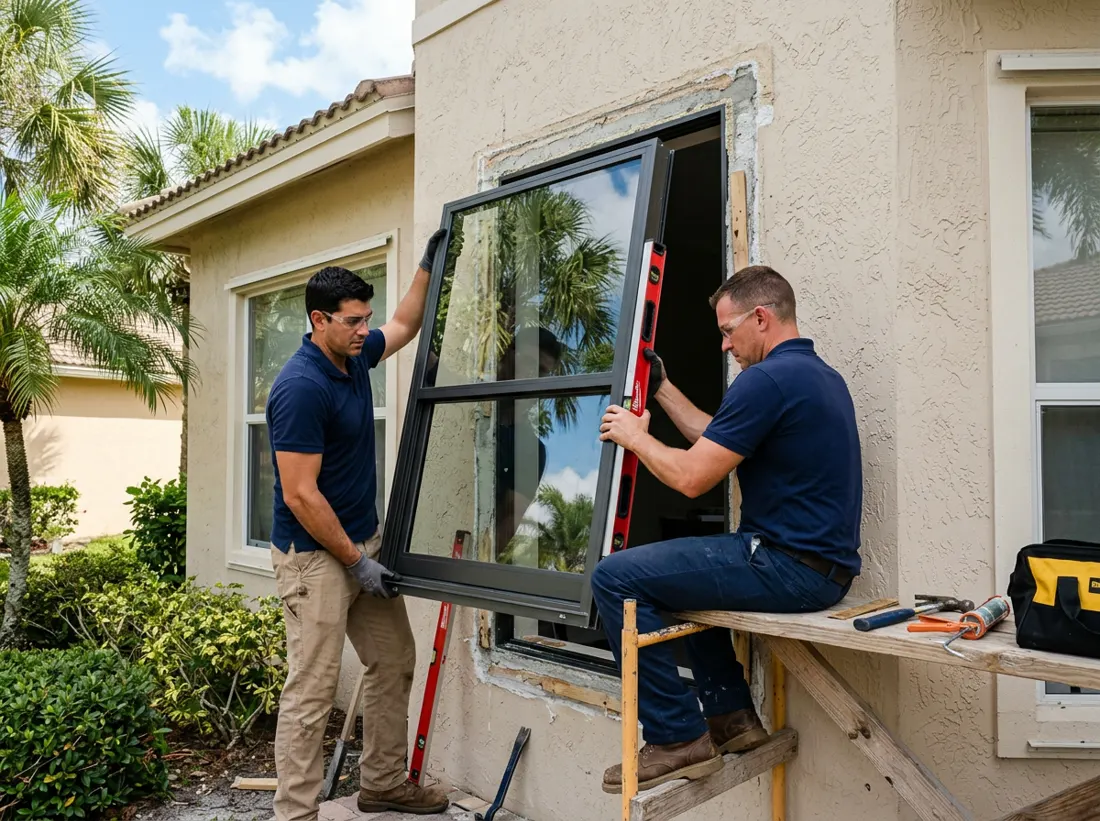 Installers setting a new impact window into a Florida home